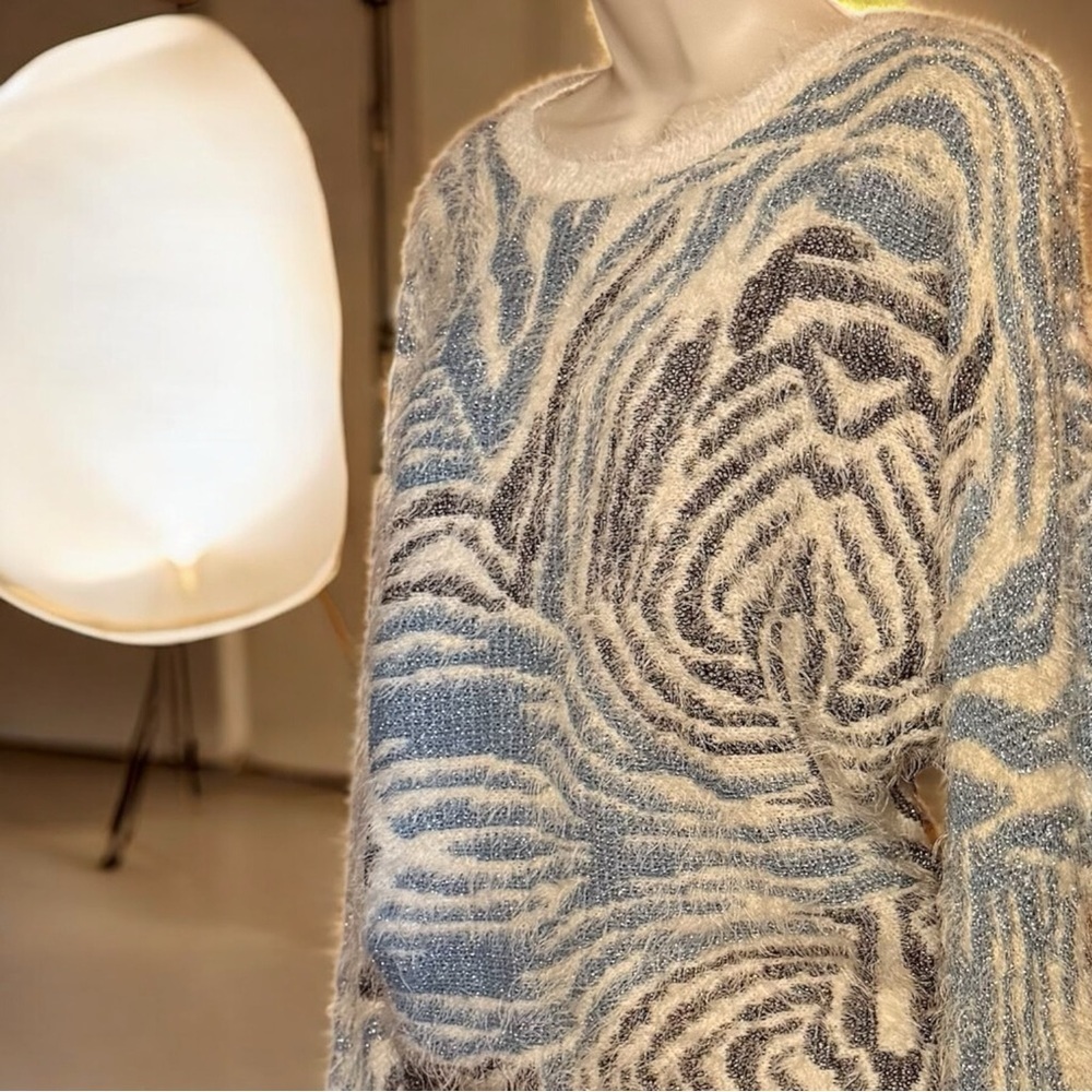 Enra & Lea Paris Eyelash Fuzzy Zebra Swirl Sweater Blue Ivory Brown | Size Small - Picture 3 of 8